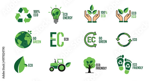 Icons representing various environmental and sustainable initiatives and certifications