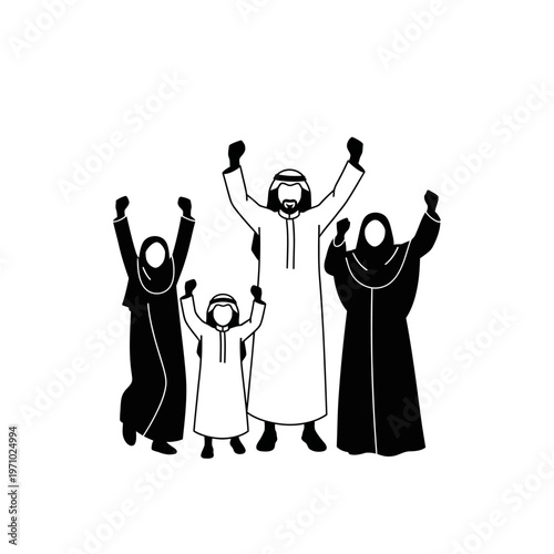 Arabic family in traditional attire celebrating.