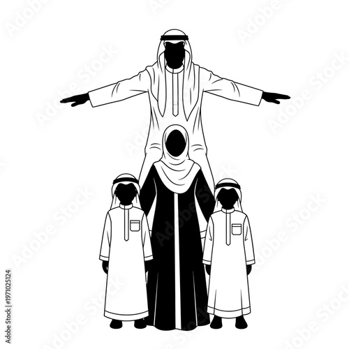 Family in traditional Arabic clothing standing.