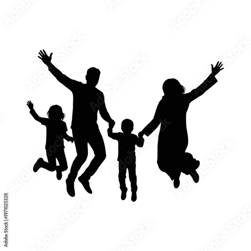 Happy Family Jumping Together Silhouette.