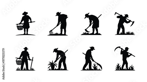Farmers working in field silhouettes agricultural laborers with tools harvesting and cultivating crops rural workers in various poses farming activities