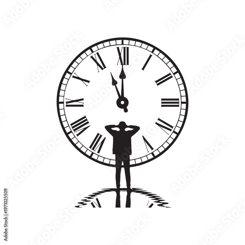 Man Looking Up at Large Clock Silhouette with Roman Numerals on White Background