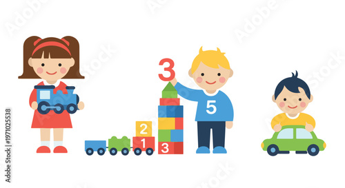 Three happy children are shown playing with various toys, including a train, blocks, and a car, in this colorful vector illustration.