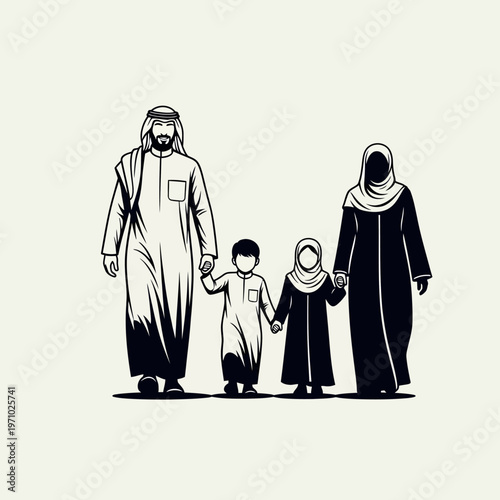 Muslim family walking together outside.