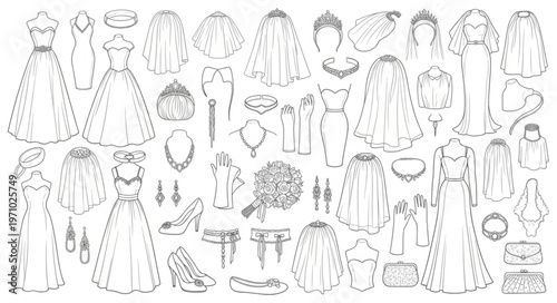Collection of Vintage Clothing and Accessories Hand-Drawn Sketch.