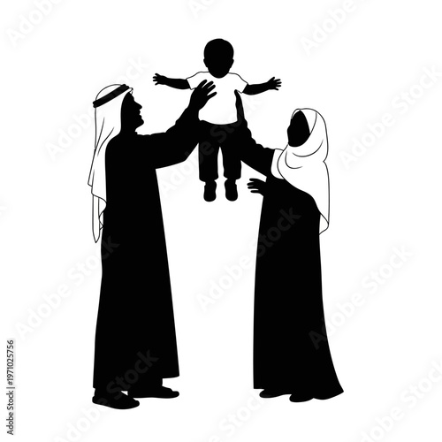 Silhouette of Arab family with child.
