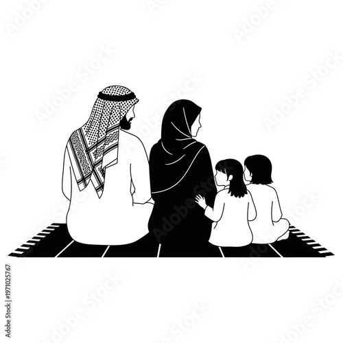 Muslim family praying together at home.