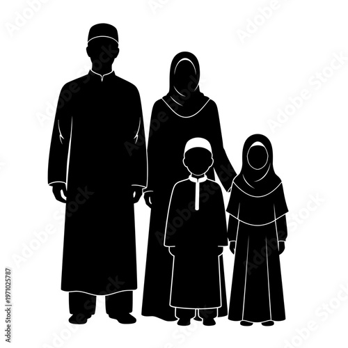 Muslim family in traditional clothing standing.