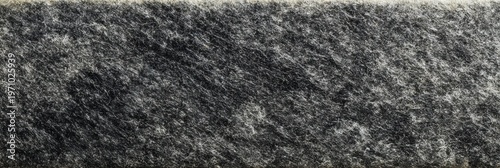 A panoramic close-up view of a tumbled black gneiss stone tile, showing a dense texture of dark mineral layers interspersed with fine white fibrous veins and a matte finish.
