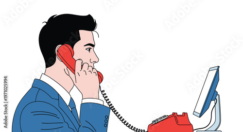 Professional businessman in a blue suit talks on a red landline telephone while working at his computer in the office.