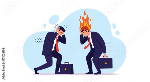 Burned out businessmen experiencing extreme stress and mental fatigue with one character having his head literally on fire.