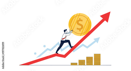 Businessman pushing giant gold dollar coin up rising red arrow graph representing financial growth and investment success.