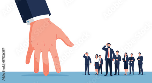 Huge hand reaching down towards group of worried office workers representing corporate pressure or management control.