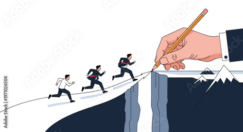 Large hand drawing path across cliff gap for group of businessmen to run across representing leadership and guidance.