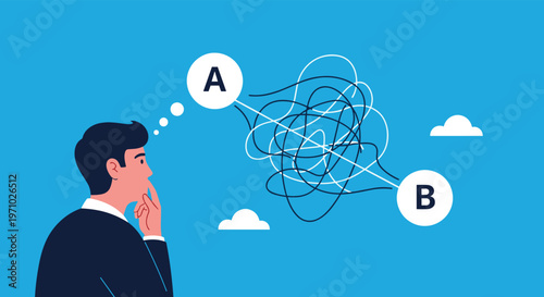 Man thinking deeply about complex tangled path between points a and b representing problem solving and strategic planning.