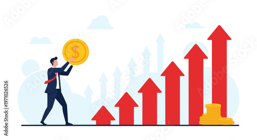 Motivated businessman holding giant gold coin next to multiple rising red arrows symbolizing consistent wealth accumulation.