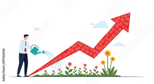 Professional businessman waters a rising red arrow filled with dollar bills to show the growth of financial investments.
