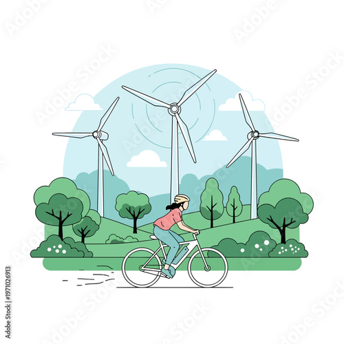 Sustainable energy and eco-friendly travel a person cycling past wind turbines in a lush green landscape