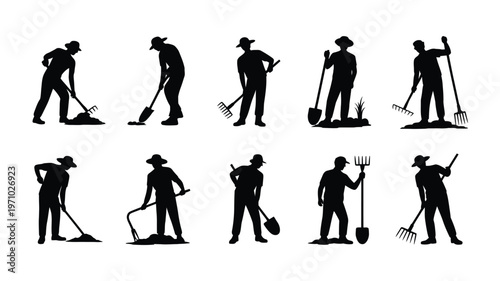 Collection of black silhouette illustrations of people working in agriculture gardening and landscaping with various tools