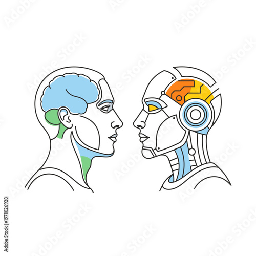 Conceptual illustration contrasting human intelligence with artificial machine minds, symbolizing the evolving intersection of organic thought and advanced technological innovation