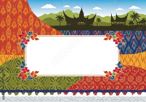 Vibrant illustration of a tropical landscape with temple, palm trees, and floral patterns in a scenic outdoor setting with mountains.