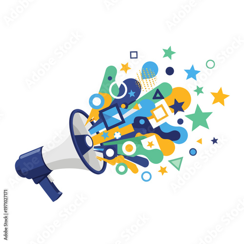 Illustrative megaphone unleashing a vibrant burst of geometric and organic shapes, symbolizing effective public relations, creative content promotion, and impactful news dissemination