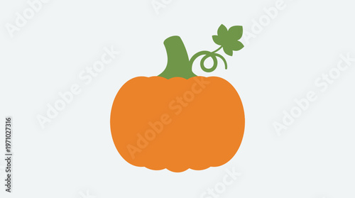 Simple flat design illustration of a vibrant orange pumpkin with a green stem, a small leaf, and a curly tendril on a plain background.
