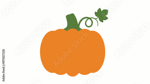 Simple orange pumpkin with green stem and leaf on a white background.
