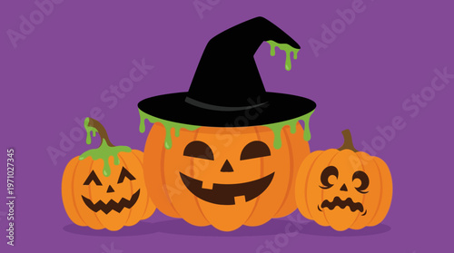 Three festive Halloween pumpkins, one wearing a witch's hat, all with green slime dripping and carved faces on a vibrant purple background.