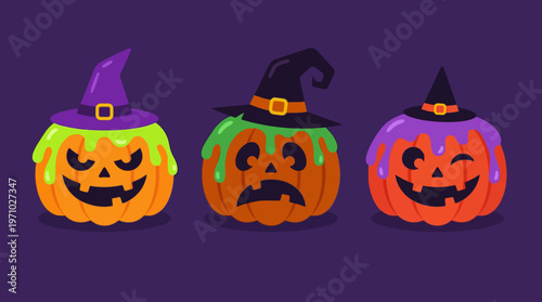 Three cartoon Halloween pumpkins with witch hats and melting goo on a purple background, showing different spooky expressions.