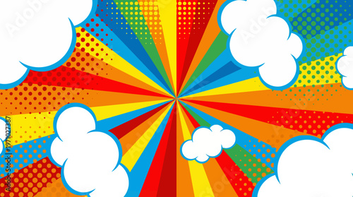 Vibrant comic book style background with colorful radial stripes, halftone dots, and white cartoon clouds, evoking a pop art aesthetic.