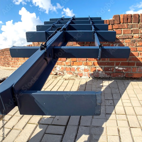 Geometric Iron Structure Against Brick Wall and Blue Sky.