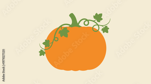 A simple, stylized illustration of an orange pumpkin with green stem and curling vines.