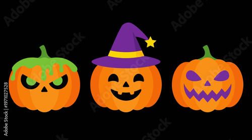 Three cartoon Halloween pumpkins with different carved faces and a witch's hat on a black background.
