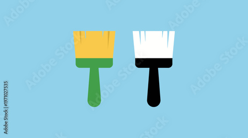 Two flat design paint brushes with different colored bristles and handles on a light blue background.