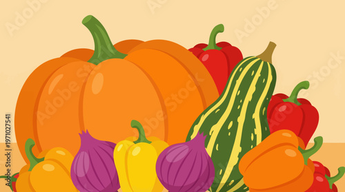 A vibrant collection of autumn harvest vegetables including pumpkins, gourds, bell peppers, and red onions arranged on a warm background.