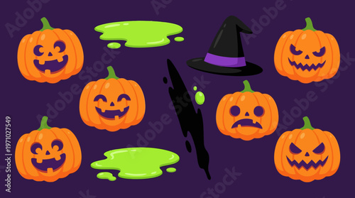 A collection of smiling and scary jack-o'-lanterns, green slime, a witch's hat, and black splatters on a dark purple background, perfect for Halloween.