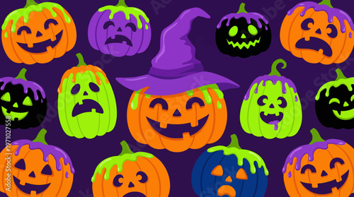 A vibrant collection of cartoon Halloween pumpkins with diverse expressions and colorful dripping paint, featuring a central pumpkin wearing a witch's hat on a purple background.