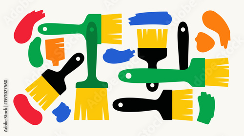A vibrant collection of paintbrushes and colorful paint swatches arranged on a white background, depicting artistic tools and creative expression.