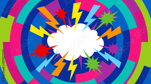 A vibrant, colorful pop art background with a central white explosion cloud, surrounded by multicolored lightning bolts and starbursts, set against a mosaic of concentric circles.