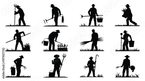 Farmers working in field with various tools and equipment gardening and agriculture silhouettes black icons on white background farming activities and labor concepts