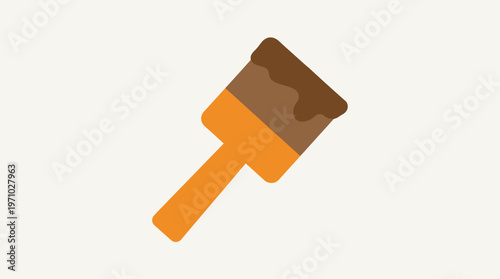 A simple, flat design illustration of a paint brush with an orange handle and brown paint on its bristles, set against a light background.