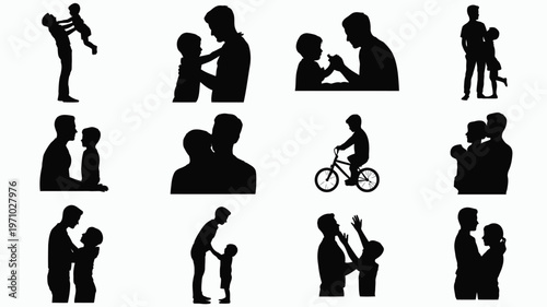Black silhouettes of parents and children in various tender moments family love and bonding parenthood icons set