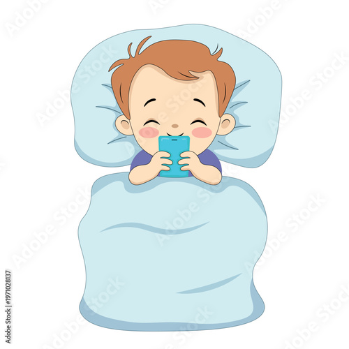 Cartoon style drawing of a child with a phone in his hands lying in bed, isolated on a white background, flat style