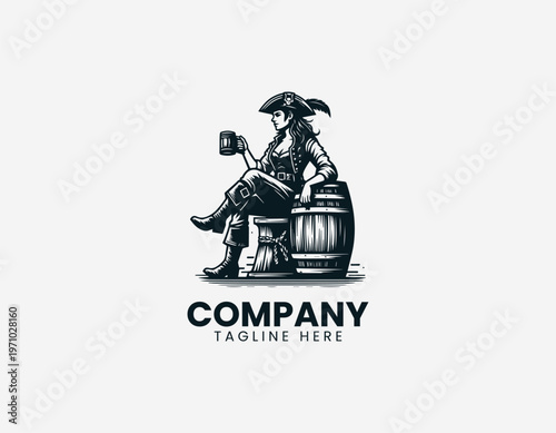 Wallpaper Mural Female pirate sitting with barrel and mug representing adventure lifestyle and nautical character theme in clean minimalist black vector illustration style on white background Torontodigital.ca