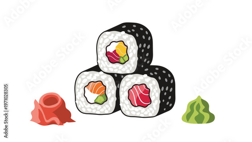 Group of three sushi rolls containing salmon, tuna, and egg is served with wasabi and pickled ginger on a clean white background illustration.