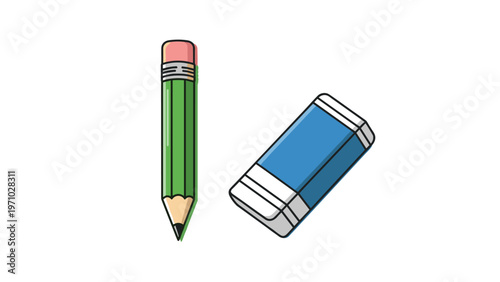 Sharp green pencil with a pink eraser tip is shown next to a blue and white rectangular eraser on a plain white background illustration art.