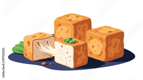 Cubes of golden fried tofu are garnished with green onions and served on a dark blue plate in a detailed vector illustration style on white.