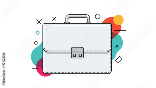 Modern white briefcase with a gray handle and lock is set against an abstract background of colorful shapes and lines in vector art style.