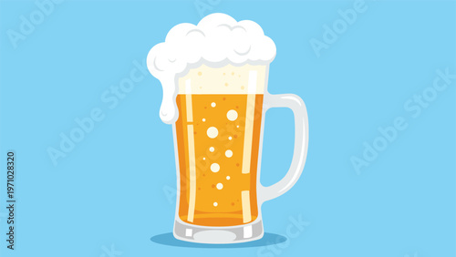 Large glass mug of golden beer with a thick white foam head and bubbles is set against a bright light blue background in flat vector art.
